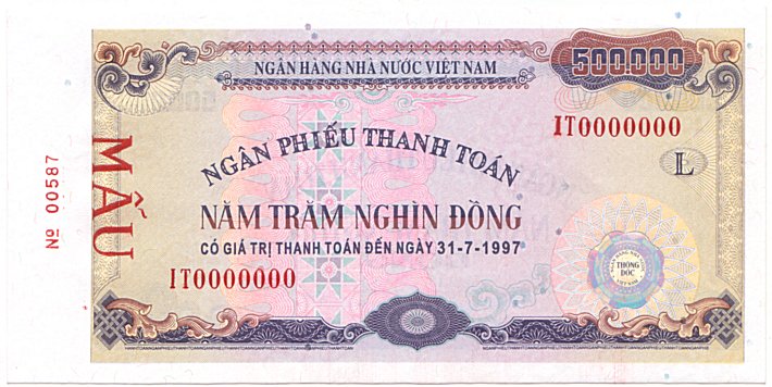 Vietnam banknote Ngan Phieu 500000 Dong 1997 (31-07-1997) specimen, face