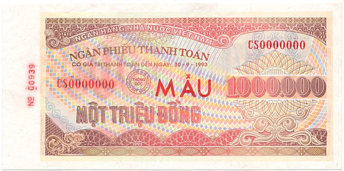 Vietnam banknote Ngan Phieu 1000000 Dong 1993 (30-09-1993) specimen, face