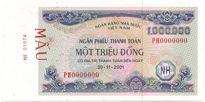 Vietnam banknote Ngan Phieu 1000000 Dong 2001 (30-11-2001) specimen, face