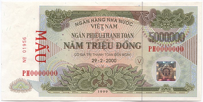 Vietnam banknote Ngan Phieu 5000000 Dong 1999 (29-02-2000) specimen, face