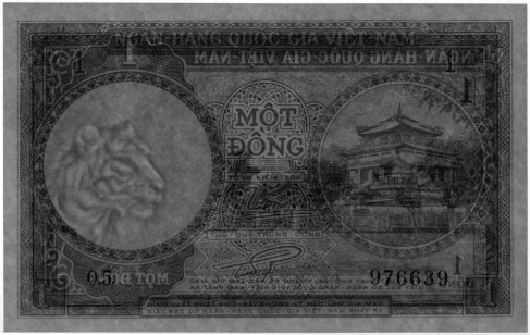 South Vietnam banknote 1 Dong 1956, watermark, tiger