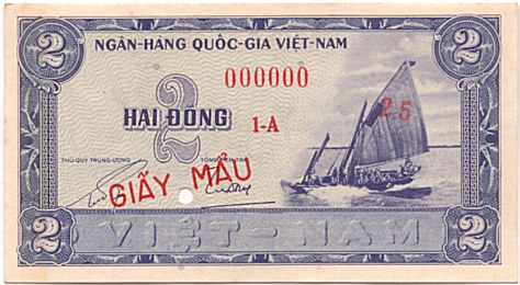 South Vietnam banknote 2 Dong 1955 specimen, face