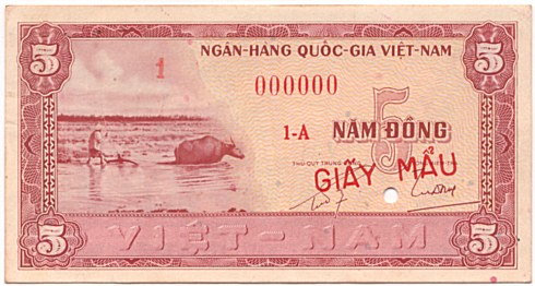 South Vietnam banknote 5 Dong 1955 specimen, face