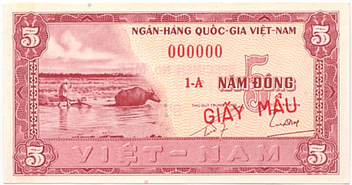 South Vietnam banknote 5 Dong 1955 specimen, face, side 1