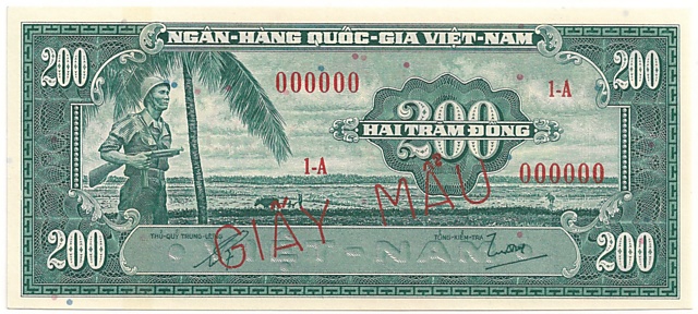 South Vietnam unissued banknote 200 Dong specimen, face