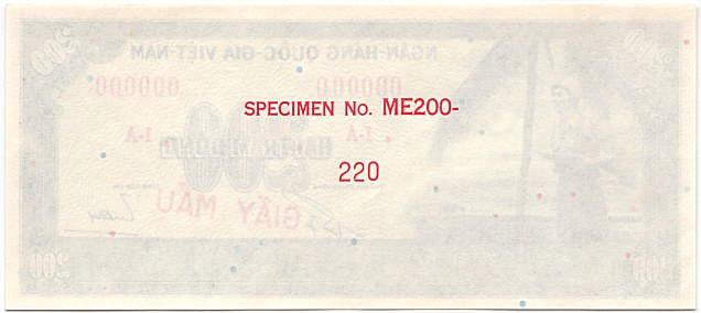 South Vietnam banknote 200 Dong 1955 specimen, face, side 2