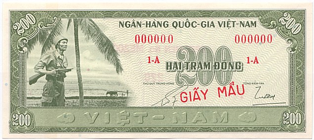 South Vietnam banknote 200 Dong 1955 specimen, face, side 1