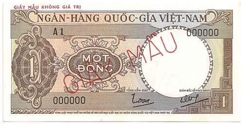 South Vietnam banknote 1 Dong 1964 specimen, face