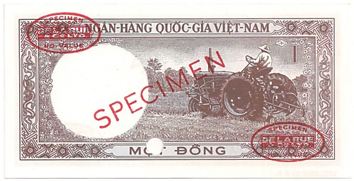 South Vietnam banknote 1 Dong 1964 TDLR specimen, back