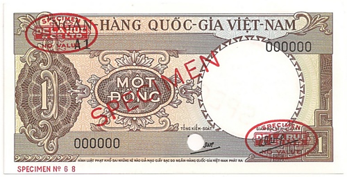 South Vietnam banknote 1 Dong 1964 TDLR specimen, face
