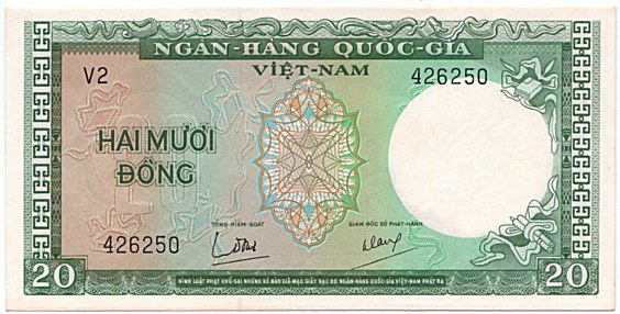South Vietnam banknote 20 Dong 1964, face