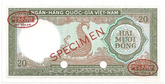 South Vietnam banknote 20 Dong 1964 TDLR specimen, back
