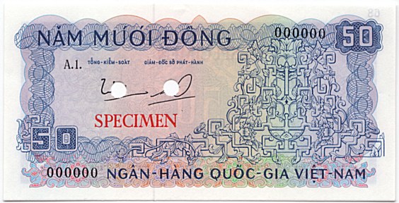 South Vietnam banknote 50 Dong 1966 color proof, blue, face