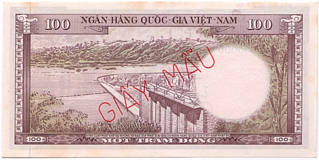 South Vietnam banknote 100 Dong 1960 specimen, back