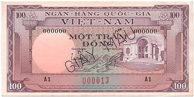 South Vietnam banknote 100 Dong 1960 specimen, face