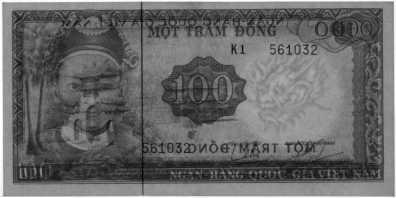 South Vietnam banknote 100 Dong 1966, watermark, Dragon head
