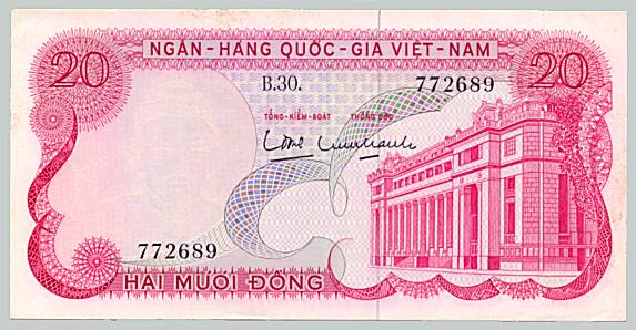 South Vietnam banknote 20 Dong 1969, face