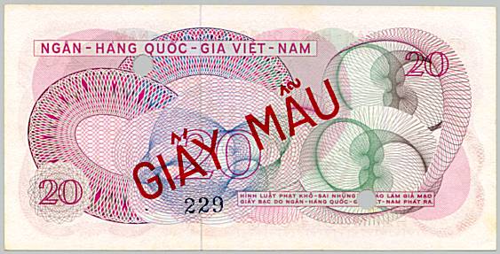South Vietnam banknote 20 Dong 1969 specimen, back