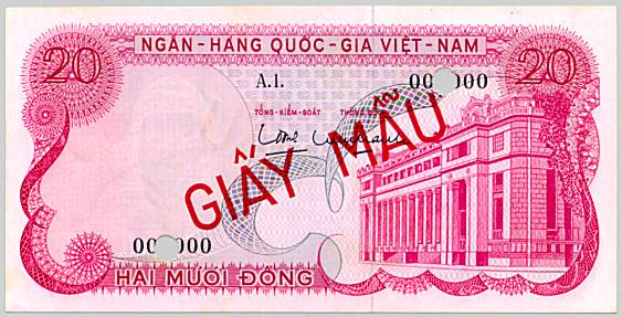 South Vietnam banknote 20 Dong 1969 specimen, face