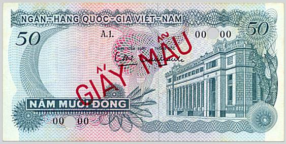 South Vietnam banknote 50 Dong 1969 specimen, face