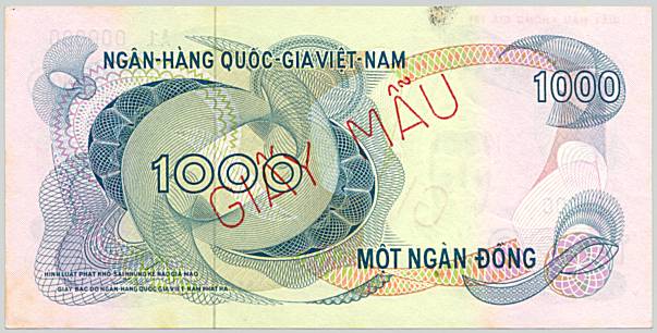 South Vietnam banknote 1000 Dong 1971 specimen, back