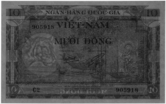 South Vietnam banknote 10 Dong 1955, watermark, tiger