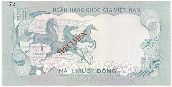 South Vietnam banknote 50 Dong 1972 color proof, back