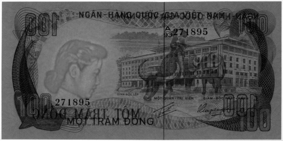 South Vietnam banknote 100 Dong 1972, watermark, woman's head