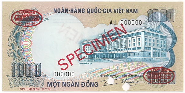 South Vietnam banknote 1000 Dong 1972 TDLR specimen, face