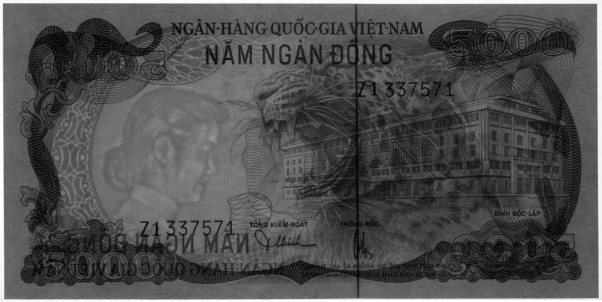 South Vietnam banknote 5000 Dong 1975, watermark, woman's head
