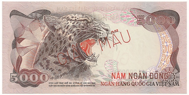 South Vietnam banknote 5000 Dong 1975 specimen, back