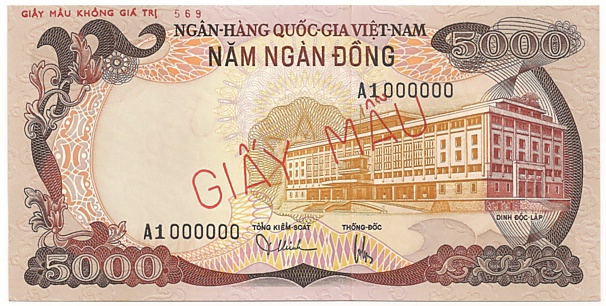 South Vietnam banknote 5000 Dong 1975 specimen, face