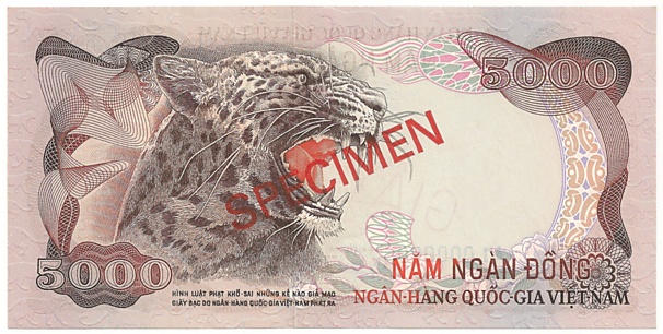 South Vietnam banknote 5000 Dong 1975 specimen, back