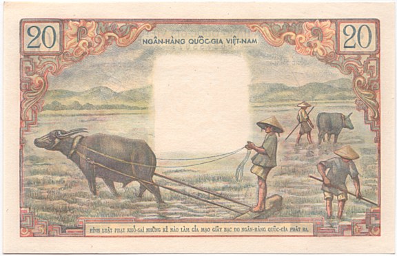 South Vietnam banknote 20 Dong 1956, back