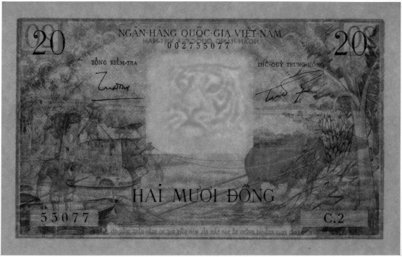 South Vietnam banknote 20 Dong 1956, watermark, tiger