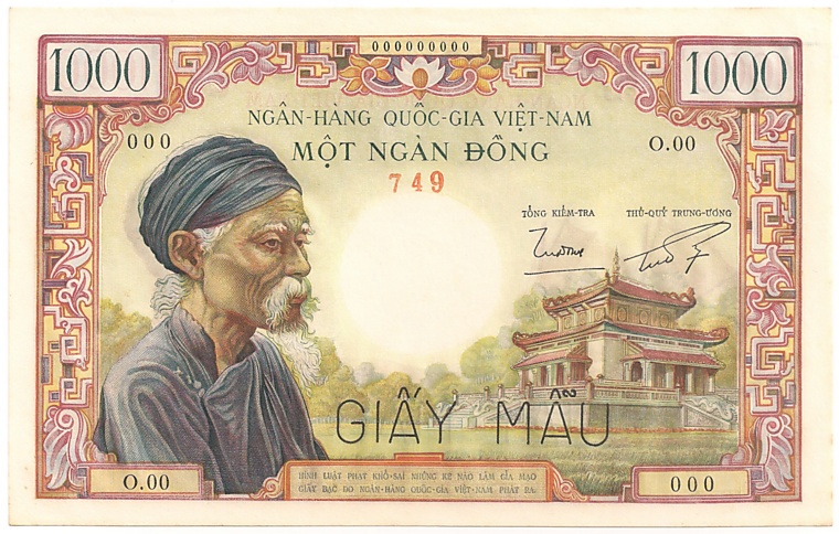 South Vietnam banknote 1000 Dong 1955 specimen, face