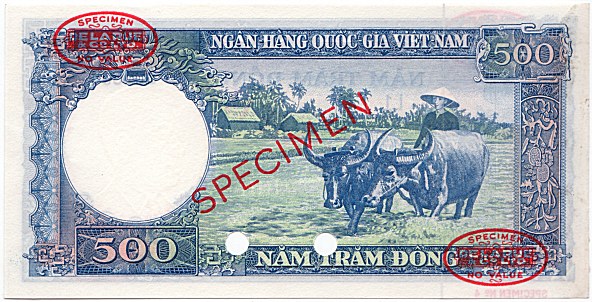 South Vietnam banknote 500 Dong 1962 TDLR specimen, back