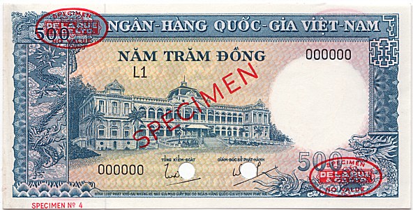 South Vietnam banknote 500 Dong 1962 TDLR specimen, face