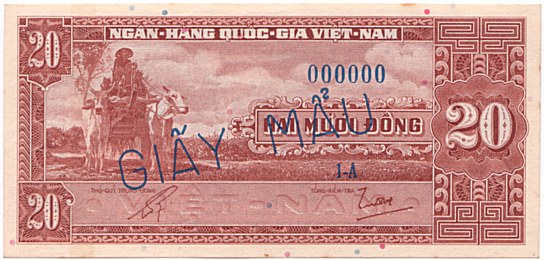 South Vietnam banknote 20 Dong 1962 specimen, face