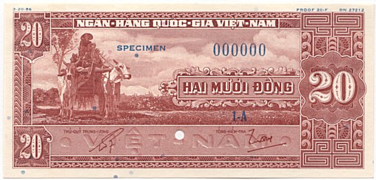 South Vietnam banknote 20 Dong 1962 printer's proof, face