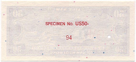 South Vietnam banknote 50 Dong 1956 specimen, back, side 2