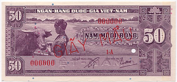 South Vietnam banknote 50 Dong 1956 specimen, face, side 1