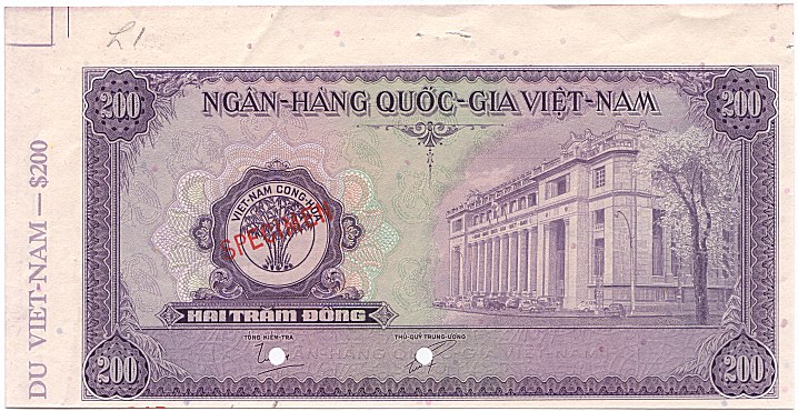 South Vietnam banknote 200 Dong 1958 printer's proof, face