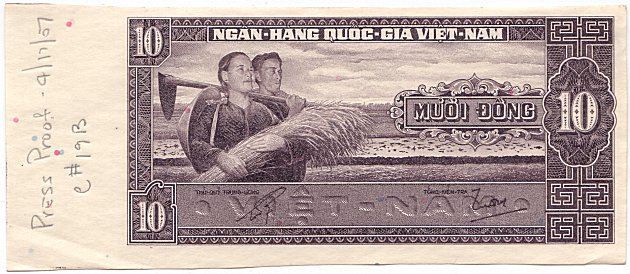 South Vietnam banknote 10 Dong 1962 color proof, dark brown