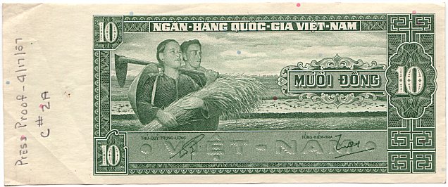 South Vietnam banknote 10 Dong 1962 color proof, green