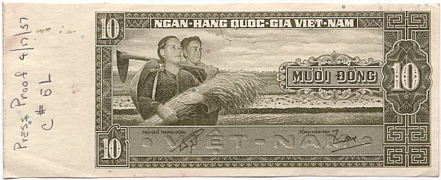 South Vietnam banknote 10 Dong 1962 color proof, olive