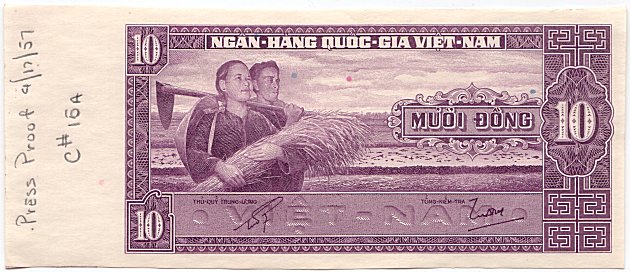 South Vietnam banknote 10 Dong 1962 color proof, violet