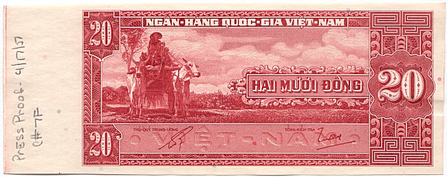 South Vietnam banknote 20 Dong 1962 color proof, cherry