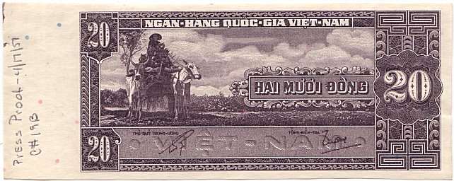 South Vietnam banknote 20 Dong 1962 color proof, dark brown