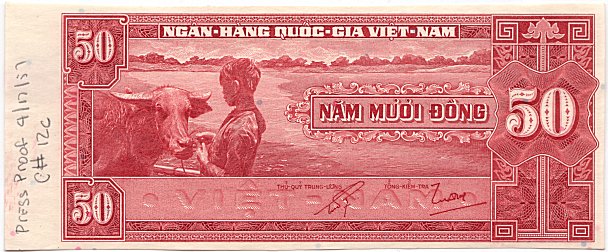 South Vietnam banknote 50 Dong 1956 color proof, cherry